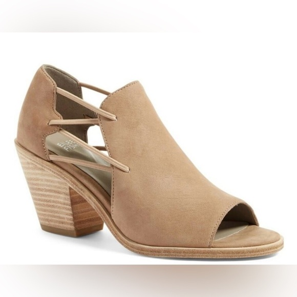 Eileen Fisher Alfie Peep Toe Heeled Sandal in Earth Tan 8.5 Leather Boho Summer‎ - Picture 1 of 10